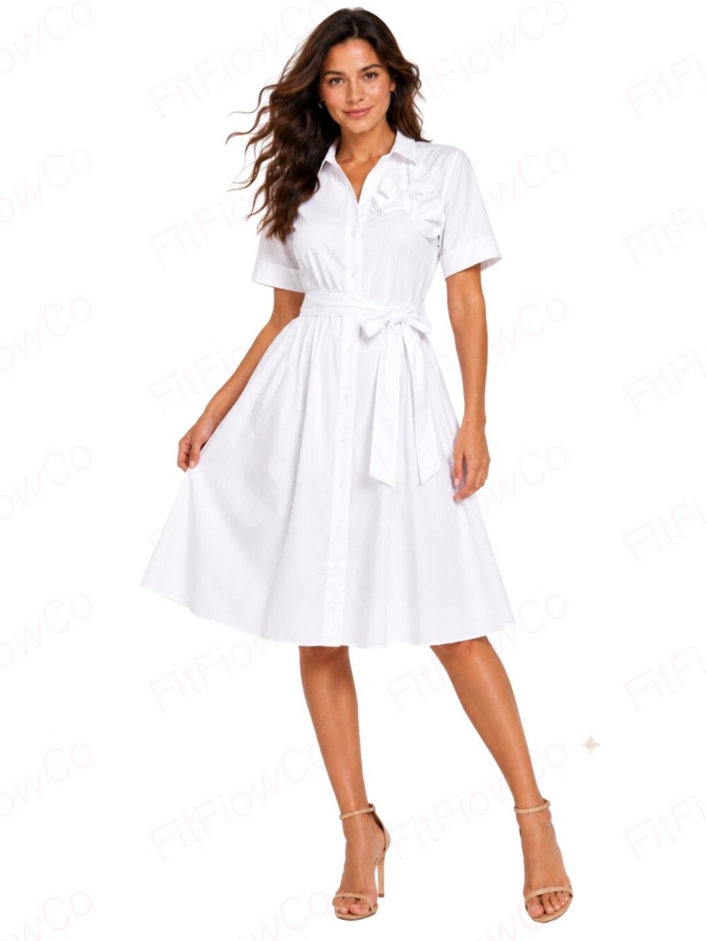 Karl Lagerfeld White Cotton Flower Corsage Belted Shirtdress XS NWT